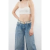 Moda Kalp Yaka Triko Regular Düz Desen Casual Günlük Crop Askılı Kol Bluz