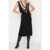 Moda Regular Casual Günlük Tek Plaka Triko V Yaka Kolsuz Kol Shift Midi Boy Elbise