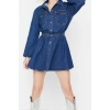 Moda Regular Mezuniyet Balo Rigid Denim Gömlek Yaka Kısa Kol Skater Kısa Boy Elbise