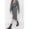 Fashion Oversize Casual Daily Selanik Knitwear V Neck Long Sleeve Shift Maxi Length Dress