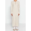 Fashion Regular Casual Daily Rib Camisole Woven V Neck Long Sleeve A-Line Midi Length Hijab Dress