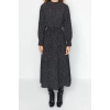 Moda Regular Casual Günlük Lilyum Dokuma Dik Yaka Uzun Kol Shift Maxi Boy Tesettür Elbise