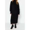 Moda Oversize Casual Günlük Dolu İğne Triko Balıkçı Yaka Uzun Kol Shift Midi Boy Elbise
