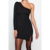 Moda Fit Mezuniyet Balo Finike Dokuma Asimetrik Yaka Kısa Kol Bodycone Kısa Boy Elbise