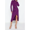 Fashion Fit Graduation Prom Sandy Knitted Stand Collar Long Sleeve Wrap Midi Length Dress