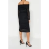 Fashion Slim Day Night Tulle Knitted Carmen Collar Long Sleeve Bodycone Midi Length Dress