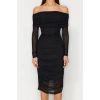 Fashion Slim Day Night Tulle Knitted Carmen Collar Long Sleeve Bodycone Midi Length Dress