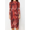 Fashion Slim Day Night Tulle Knitted Stand Collar Long Sleeve Bodycone Midi Length Dress