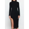 Fashion Slim Casual Daily Polyviscose Camisole Knitted Stand Collar Long Sleeve Bodycon Midi Length Dress