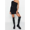 Fashion Slim Casual Daily Regenerated Camisole Knitted Asymmetrical Collar Long Sleeve Bodycone Mini Length Dress