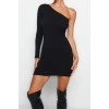 Fashion Slim Casual Daily Regenerated Camisole Knitted Asymmetrical Collar Long Sleeve Bodycone Mini Length Dress