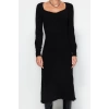 Moda Slim Casual Günlük Tek Plaka Triko Kalp Yaka Uzun Kol Basic Midi Boy Elbise