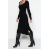 Moda Slim Casual Günlük Tek Plaka Triko Kalp Yaka Uzun Kol Basic Midi Boy Elbise