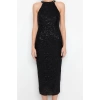 Fashion Regular Graduation Prom Sequin Knitted Halter Neck Sleeveless Sleeve Bodycone Midi Length Dress