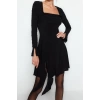 Fashion Fit Graduation Prom Sandy Knitted Cowl Neck Long Sleeve Shift Mini Length Dress