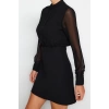 Fashion Fit Day Night Finike Woven Stand Collar Long Sleeve Bodycon Mini Length Dress