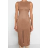 Fashion Fit Day Night Suede Woven Crew Neck Sleeveless Sleeve Bodycone Midi Length Dress