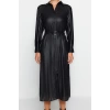 Fashion Regular Day Night Chiffon Woven Shirt Collar Long Sleeve Shirt Dress Midi Length Dress