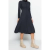 Moda Regular Casual Daily Selanik Knitted Stand Collar Long Sleeve A-Line Midi Length Dress