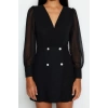 Moda Regular Business Tweed Woven V Neck Long Sleeve Jacket Dress Mini Length Dress