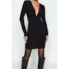 Fashion Slim Day Night Thick Sandy Knitted V Neck Long Sleeve Bodycone Mini Length Dress