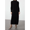 Moda Rahat Casual Günlük Saç Örgü Triko Yarım Balıkçı Yaka Uzun Kol Shift Maxi Boy Tesettür Elbise