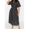 Moda Fit Casual Günlük Shally Dokuma Gömlek Yaka Kısa Kol Gömlek Elbise Midi Boy Büyük Beden Elbise