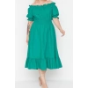 Fashion Comfortable Casual Daily Shally Woven Carmen Collar Short Sleeve A-Line Midi Length Plus Size Dress