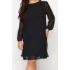Moda Fit Casual Günlük Şifon Dokuma Bisiklet Yaka Uzun Kol Smock Mini Boy Büyük Beden Elbise