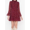 Moda Regular Day Night Chiffon Woven Stand Collar Long Sleeve A-Line Mini Length Dress