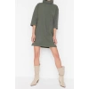 Fashion Comfortable Casual Daily Selanik Knitted Turtleneck Three Quarter Sleeve Shift Mini Length Dress