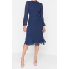 Moda Regular Day Night Chiffon Woven Stand Collar Long Sleeve A-Line Midi Length Dress