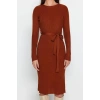 Moda Slim Casual Günlük Fitilli Triko Bisiklet Yaka Uzun Kol A-Line Midi Boy Elbise