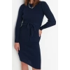 Moda Slim Casual Günlük Fitilli Triko Bisiklet Yaka Uzun Kol A-Line Midi Boy Elbise