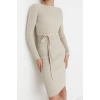 Moda Slim Casual Günlük Fitilli Triko Bisiklet Yaka Uzun Kol A-Line Midi Boy Elbise