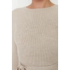 Moda Slim Casual Günlük Fitilli Triko Bisiklet Yaka Uzun Kol A-Line Midi Boy Elbise