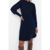 Moda Regular Business Tek Plaka Triko Bisiklet Yaka Uzun Kol A-Line Mini Boy Elbise