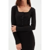 Moda Slim Casual Günlük Kaşkorse Örme Kare Yaka Uzun Kol Bodycone Midi Boy Elbise