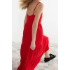 Moda Rahat Casual Günlük Aerobin Dokuma U Yaka Askılı Kol Skater Midi Boy Elbise