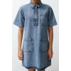Moda Regular Casual Günlük Rigid Denim Kare Yaka Kısa Kol Gömlek Elbise Mini Boy Elbise