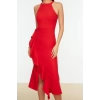 Fashion Fit Graduation Prom Finike Woven Halter Neck Sleeveless Wrap Midi Length Dress