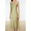 Fashion Fit Graduation Prom Satin Woven Cowl Neck Strap Sleeve Shift Midi Length Dress