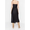 Fashion Fit Graduation Prom Satin Woven Cowl Neck Strap Sleeve Shift Midi Length Dress