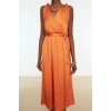 Fashion Regular Graduation Prom Satin Woven Double Breasted Halter Sleeve Skater Midi Length Dress