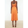 Fashion Regular Graduation Prom Satin Woven Double Breasted Halter Sleeve Skater Midi Length Dress