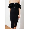 Fashion Fit Graduation Prom Finike Woven Carmen Collar Long Sleeve Bodycone Midi Length Dress