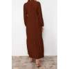 Fashion Comfortable Casual Daily Crinkle Woven Stand Collar Long Sleeve A-Line Maxi Length Hijab Dress