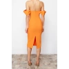 Fashion Fit Graduation Prom Finike Woven Carmen Collar Short Sleeve Bodycone Midi Length Dress