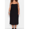 Fashion Fit Casual Daily Shally Woven Square Neck Strappy Sleeve Shift Midi Length Plus Size Dress