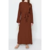 Fashion Regular Casual Daily Crinkle Woven Crew Neck Long Sleeve A-Line Maxi Length Hijab Dress